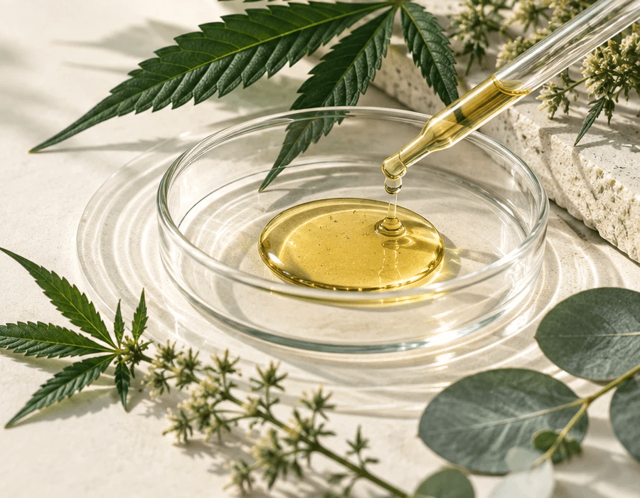 Un gotero de vidrio deja caer una gota de aceite dorado en una placa de Petri, sobre una superficie clara con hojas de eucalipto y de cannabis alrededor.