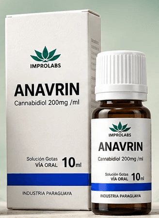 Estuche y frasco gotero ámbar de Anavrin, cannabidiol 200 mg/ml, 10 ml, con banda azul.
