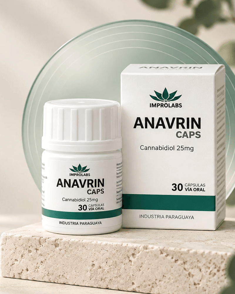 Frasco blanco y estuche de Anavrin Caps, cannabidiol 25 mg, 30 cápsulas, con banda verde, sobre un pedestal de piedra.